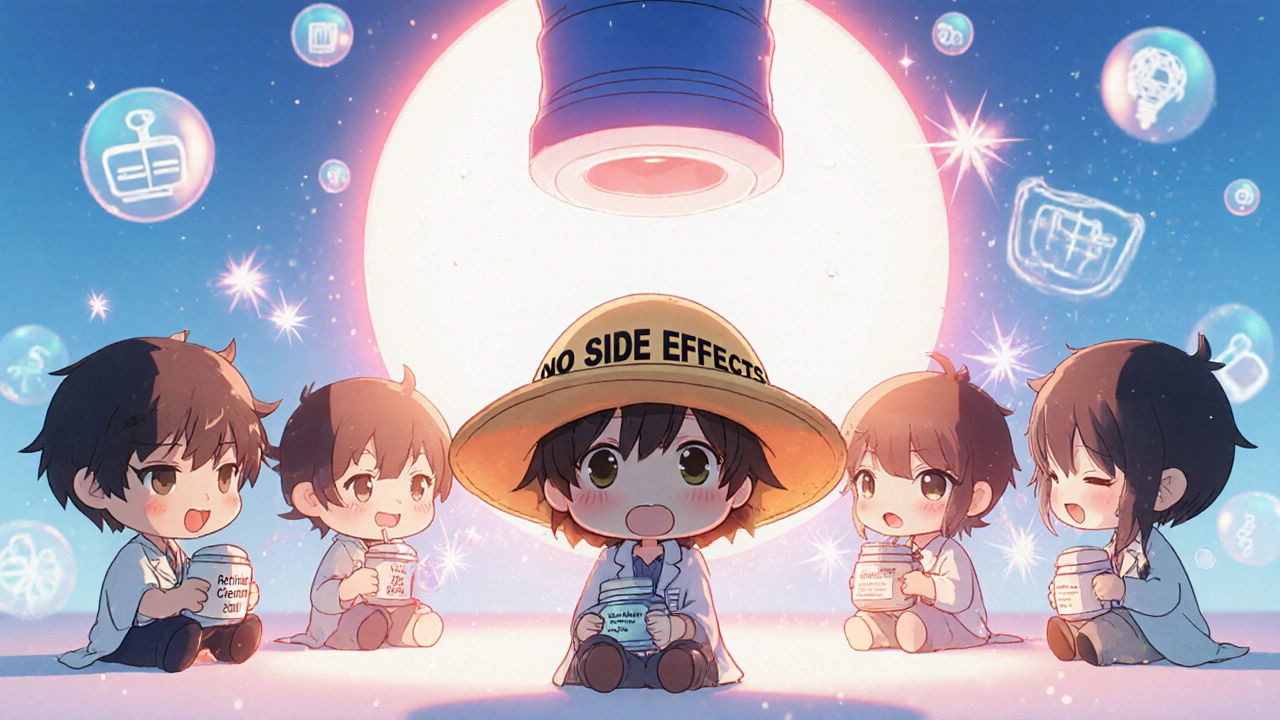 Chibi patients under blue-red light, popping acne bubbles while holding skincare jars.