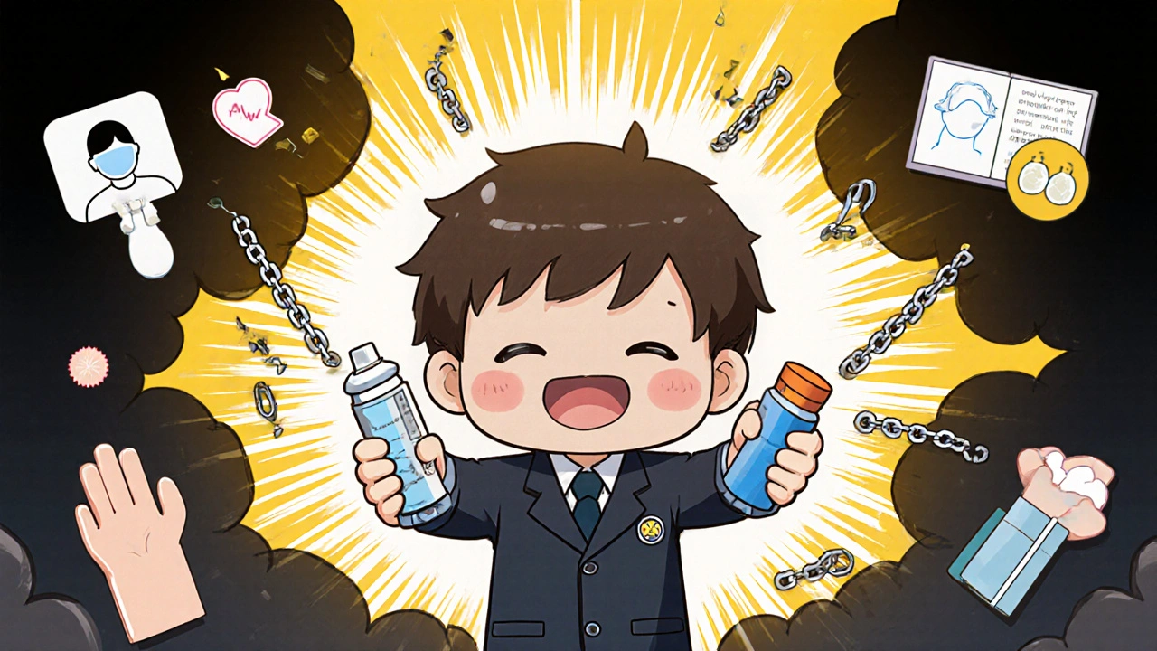 Chibi person holding naloxone and buprenorphine with light dispelling darkness.