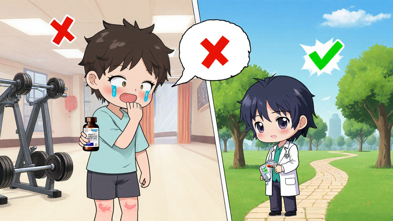 Chibi person with aching legs beside a doctor, showing statin side effects and healthy alternatives.