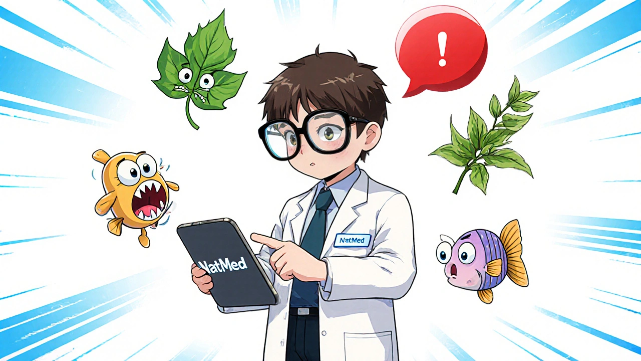 Chibi pharmacist surrounded by talking supplement pills checking interactions on a tablet
