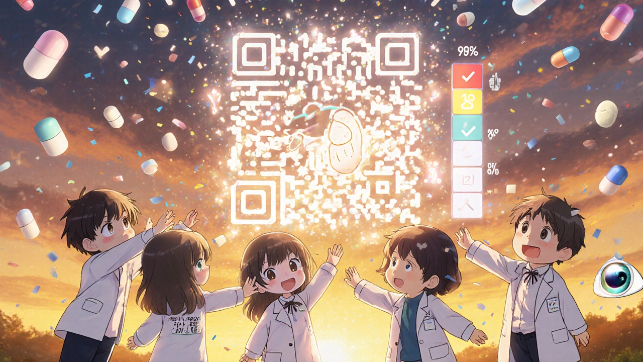 Chibi pharmacists celebrating as a glowing 2D barcode displays patient safety data.