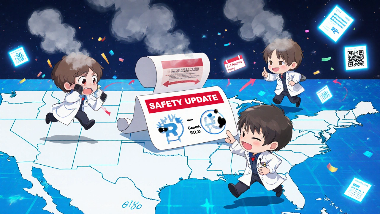 Chibi scientists chasing a runaway safety label across a digital U.S. map with delay warnings.