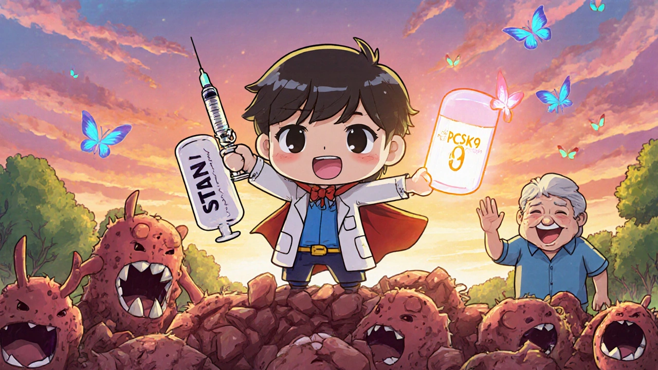 Chibi superhero child defeating heart disease monsters with medicine, smiling older self in background.