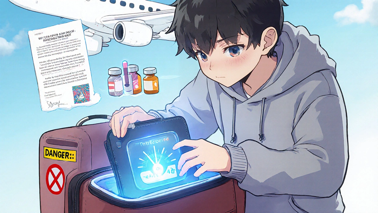 Chibi traveler safely storing insulin in a Frio cooler with doctor’s note nearby