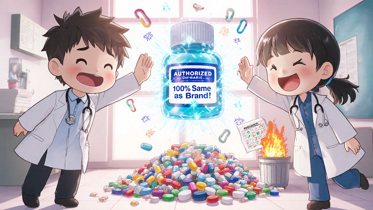 Doctor and patient high-fiving over a glowing authorized generic pill, traditional generics falling behind.