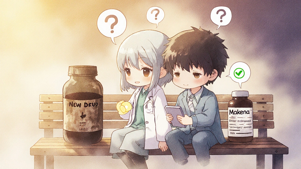 Doctor and patient on bench as old drug fades away, new treatment glowing softly