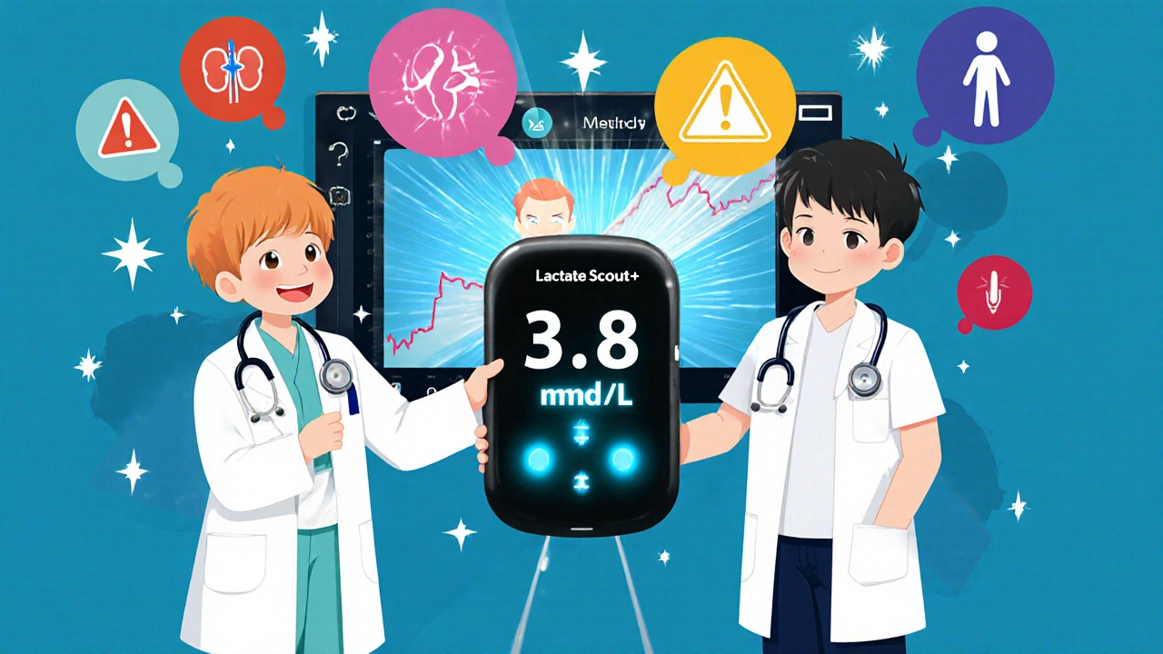 Doctor and pharmacist using a handheld lactate monitor with glowing readings.