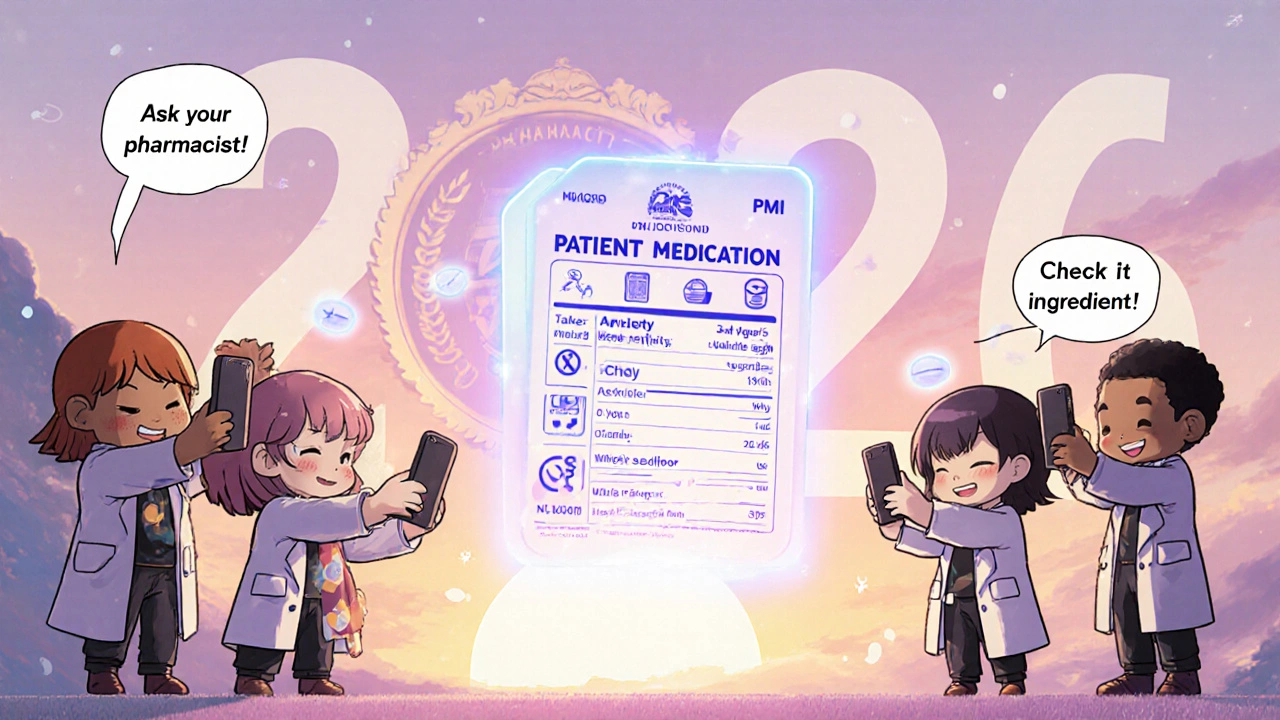 Floating holographic medication label with simple instructions in future style