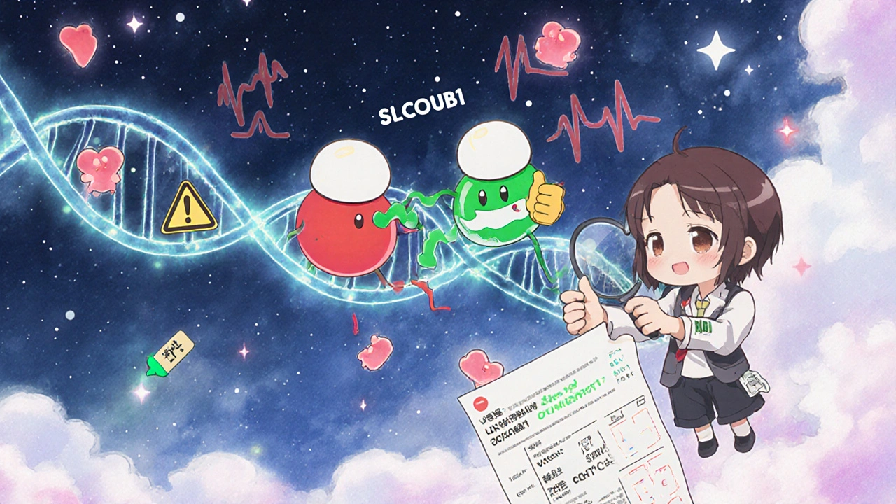 Genetic strand with warning lights, statin molecules, and muscle cells in a dreamy anime scene.