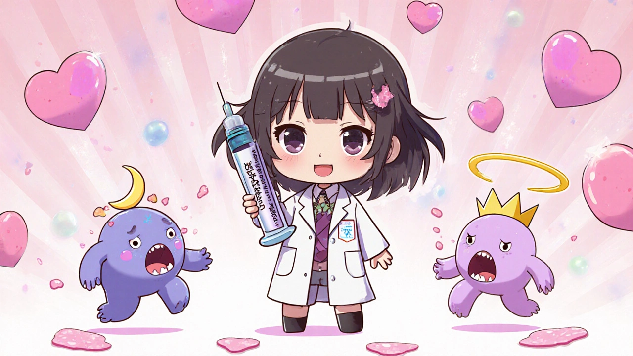 Girl with syringe makes hormonal acne monsters flee as heart-shaped blemishes dissolve.