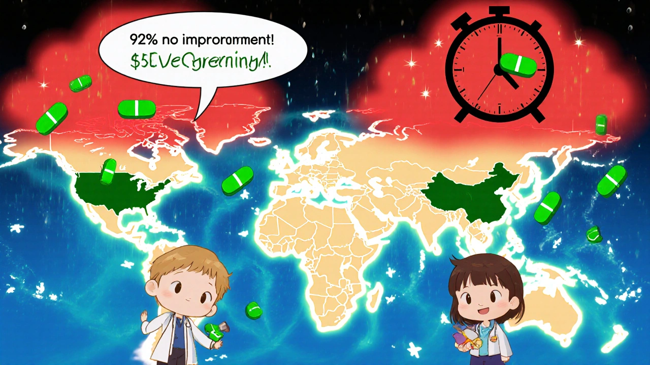 Global map showing green generics in India/Brazil vs. red evergreening clouds in the U.S.
