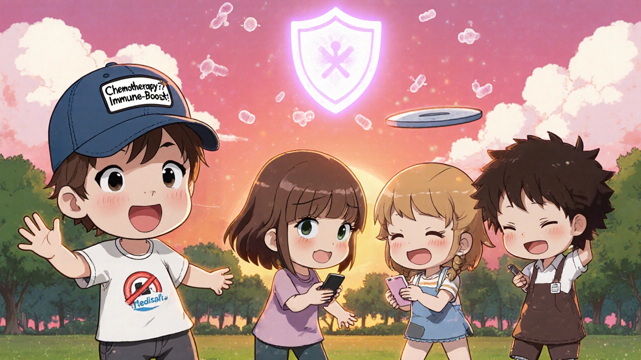 Group of teens laughing in park, one checking medication app, immune shield glowing above.