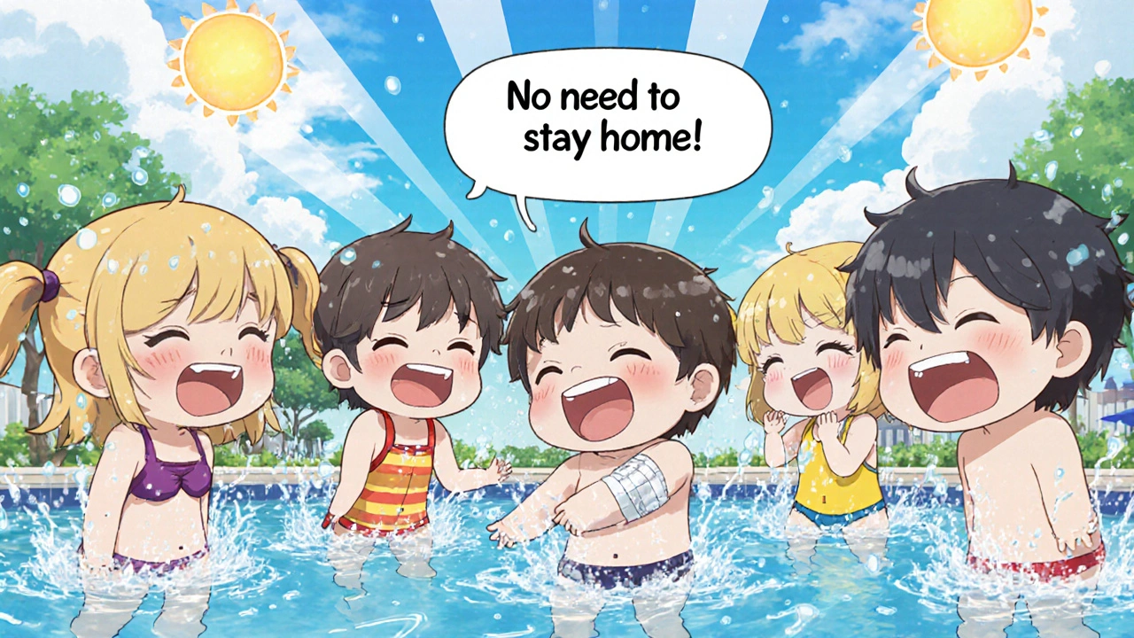 Happy chibi kids playing in pool, one with bandaged bump, all enjoying swimming without stigma.