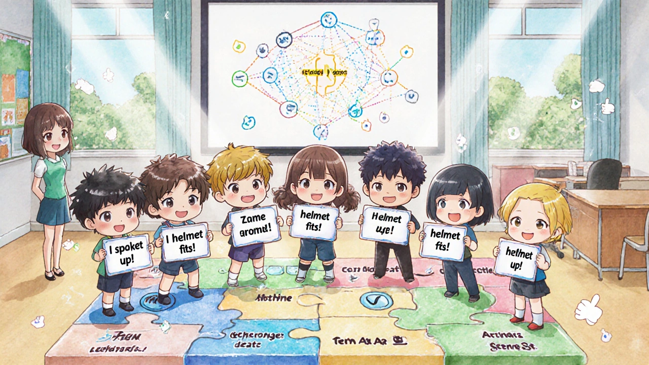 Kids holding safety signs on a completing puzzle with car seat, playground, and asthma pieces in a bright classroom.