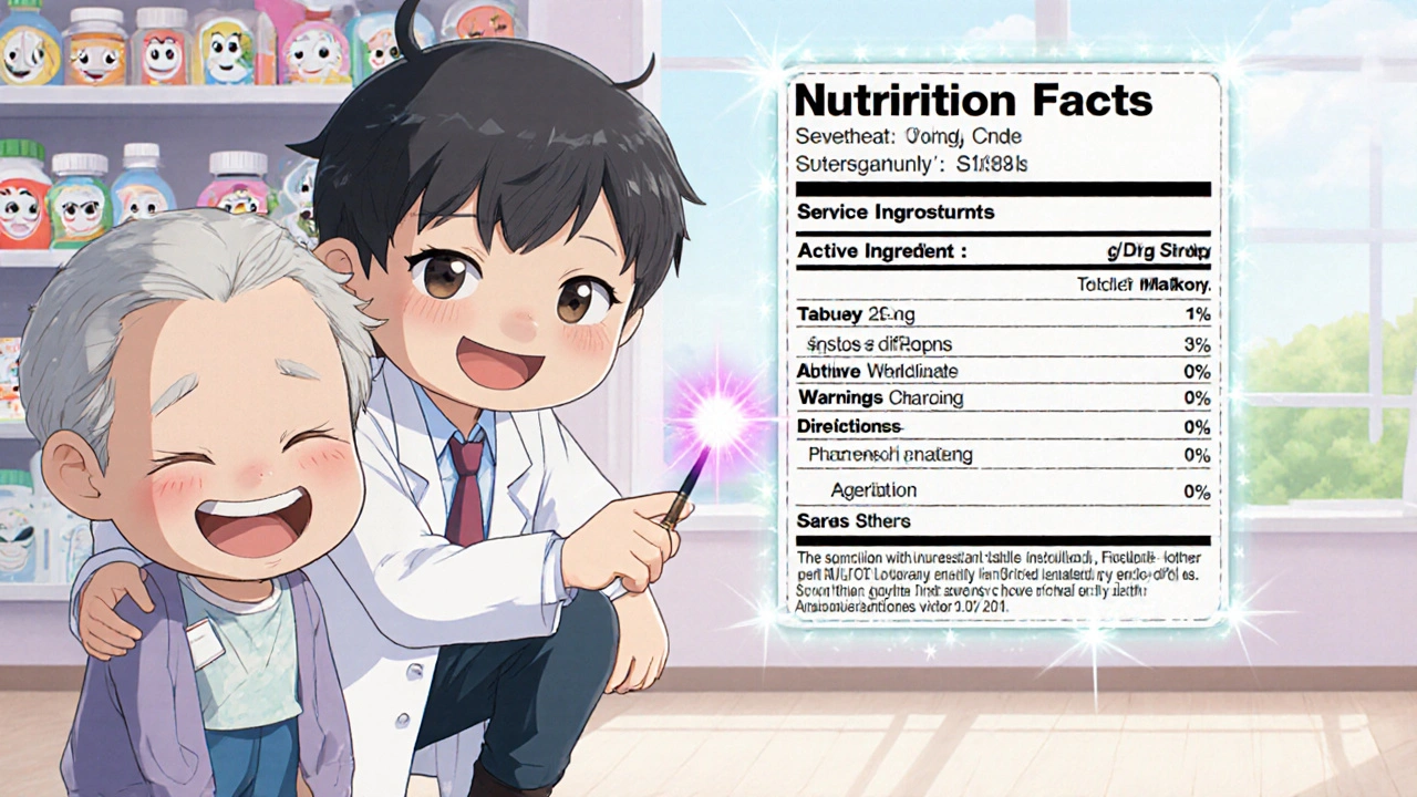 Kind pharmacist explaining a clear Drug Facts label to an elderly patient