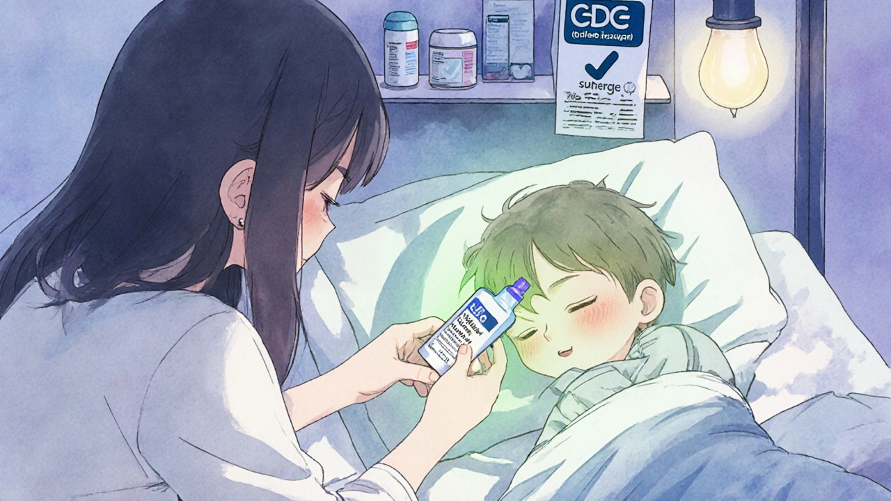 Mother applying gentle topical treatment to child&#039;s bump at night, soft lighting, healing glow, peaceful scene.