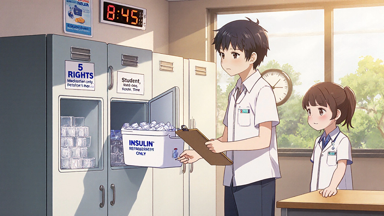 Parent placing refrigerated medication in a locked school fridge with nurse.