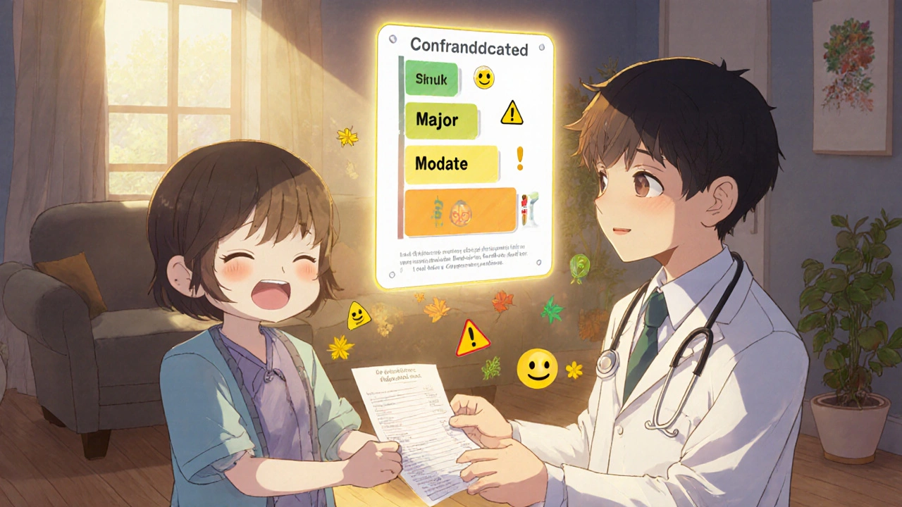 Patient and doctor exchanging supplement list with floating risk level emojis above them