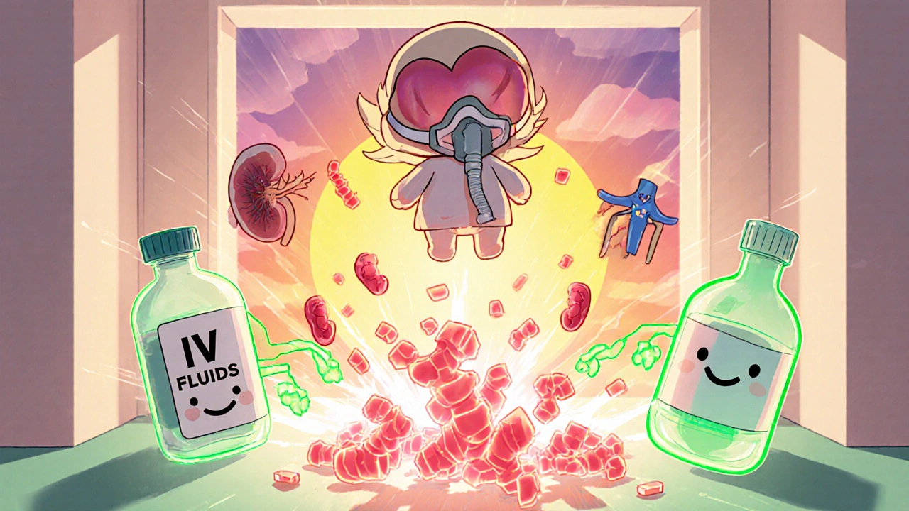 Patient rising above breaking acid chains as healing light flows in.