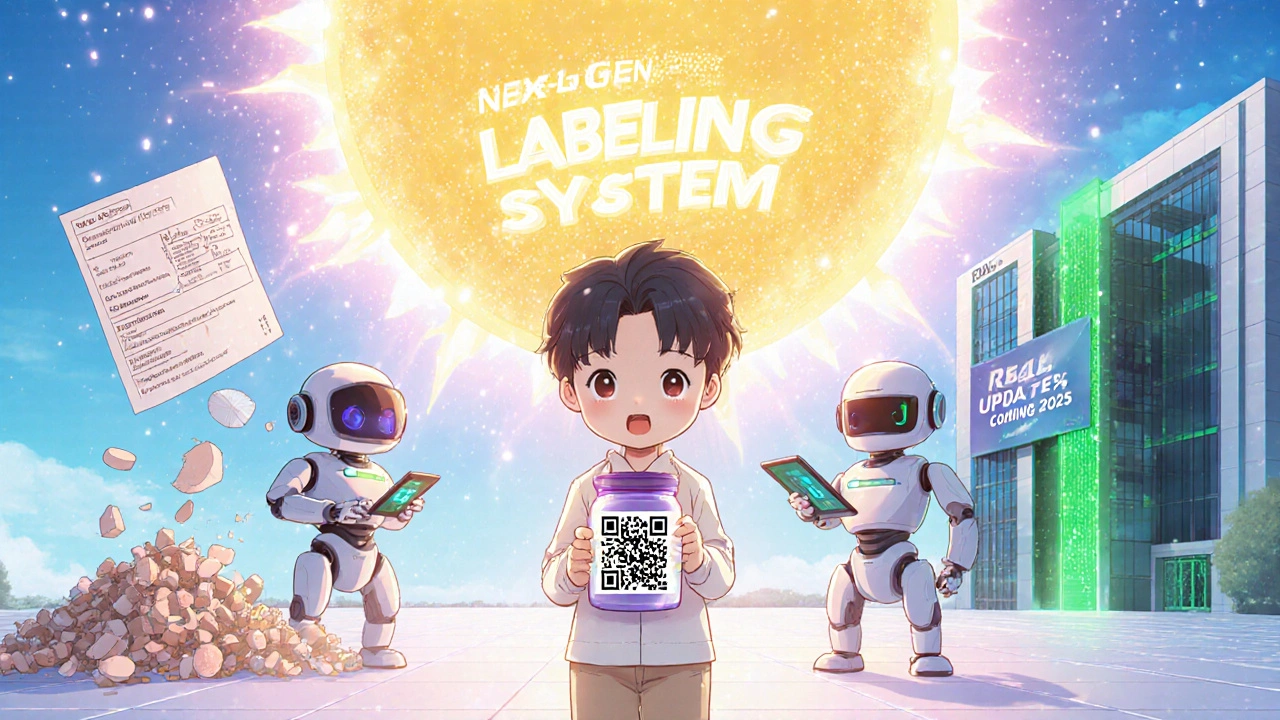 Patient scanning a QR code on a pill bottle as AI robots update the label in real-time.