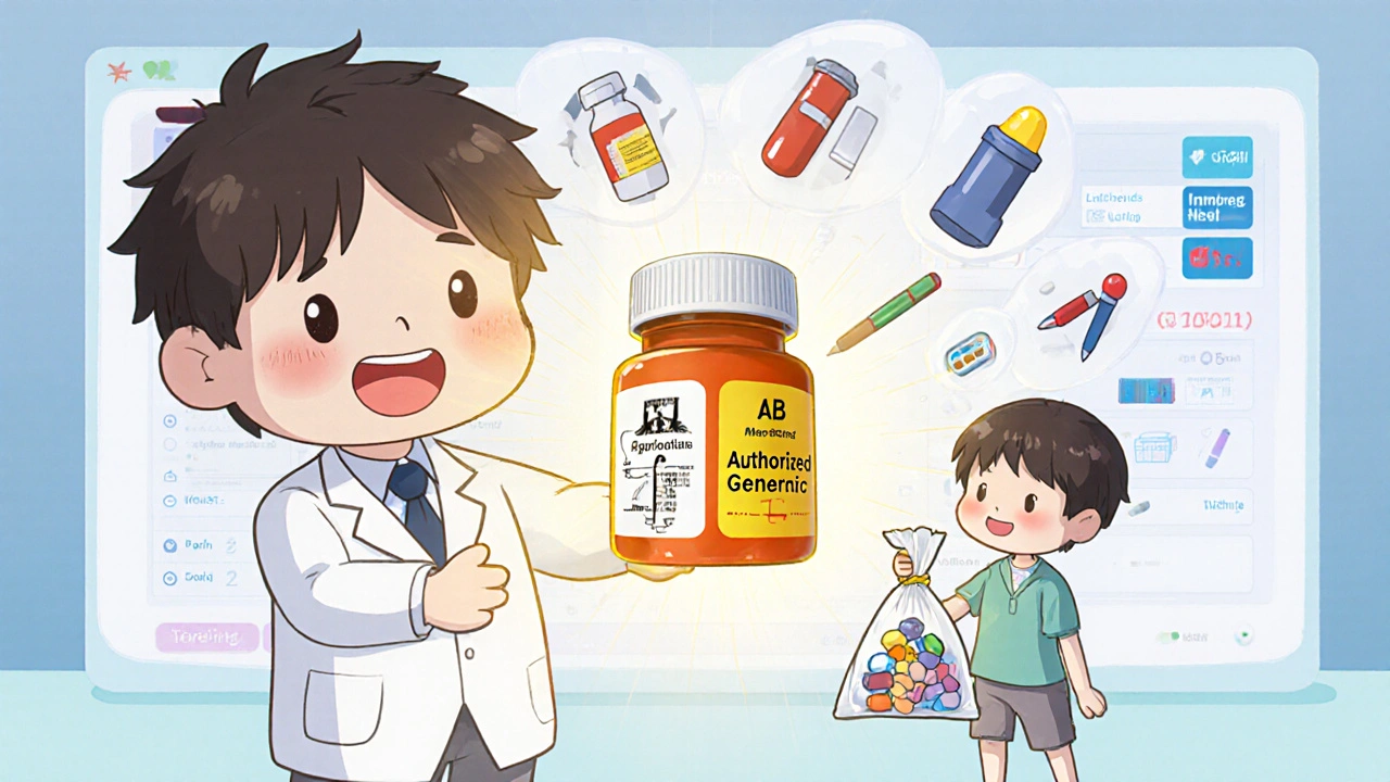 Pharmacist explaining pill ratings with glowing AB-rated generic beside mismatched generics.