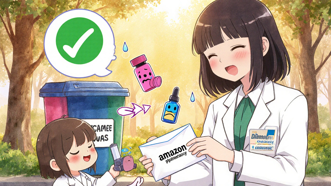 Pharmacy worker giving a mail-back envelope to a child with expired medications.