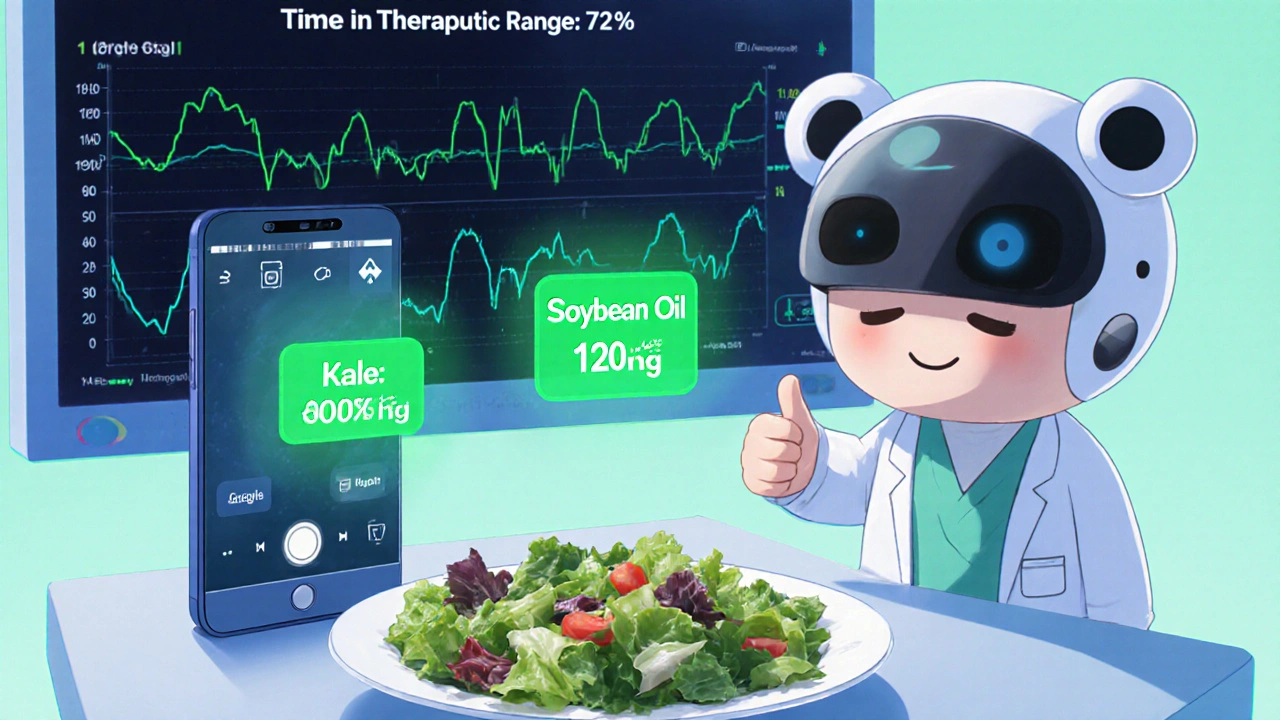 Smartphone app scanning a salad with real-time vitamin K readings and AI helper.