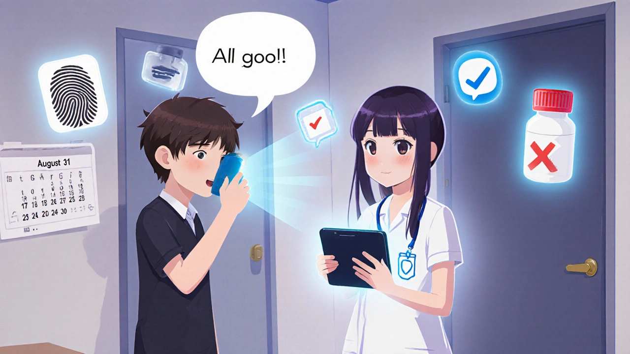 Teen using inhaler with nurse monitoring via tablet, digital alerts nearby.