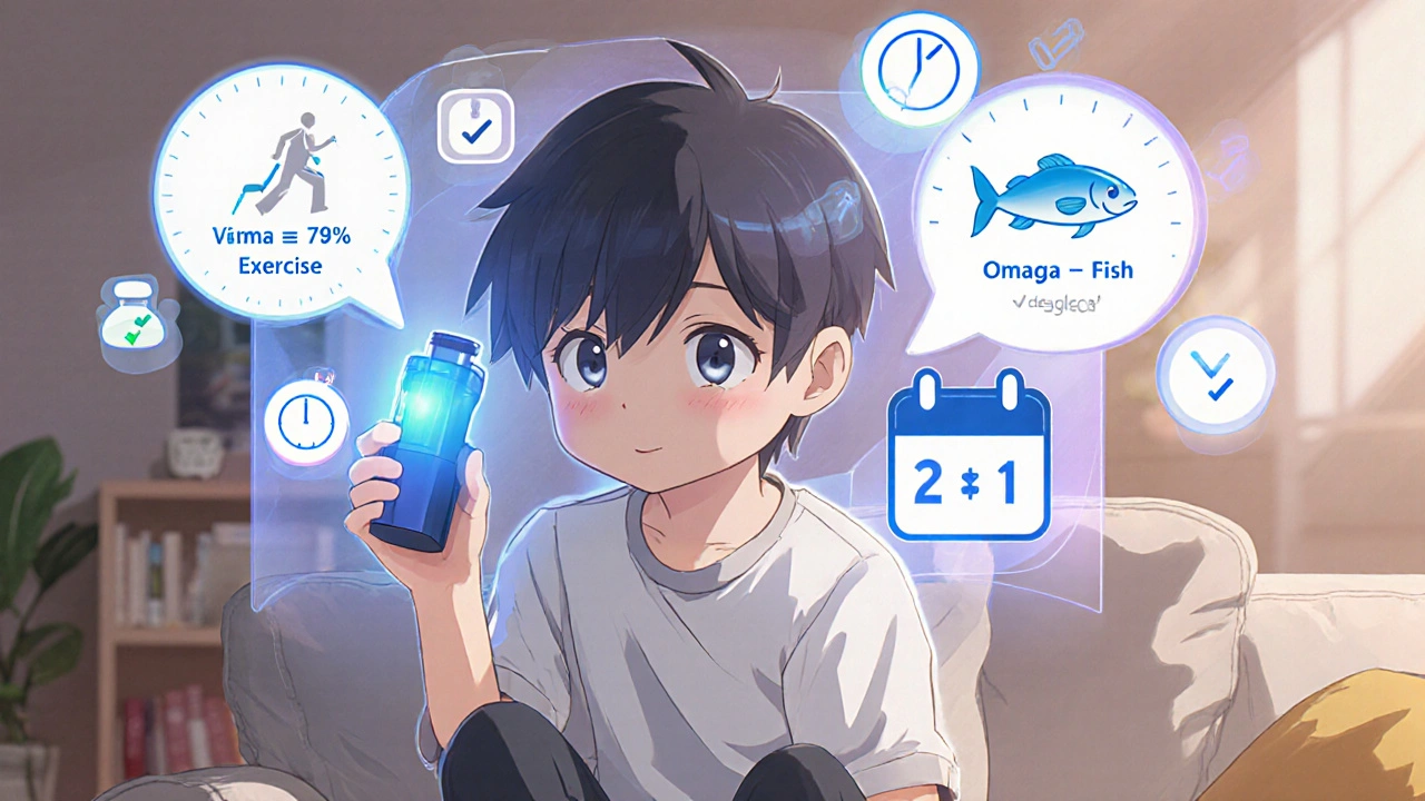 Teen with smart inhaler and holographic stats, daily medication icons floating nearby