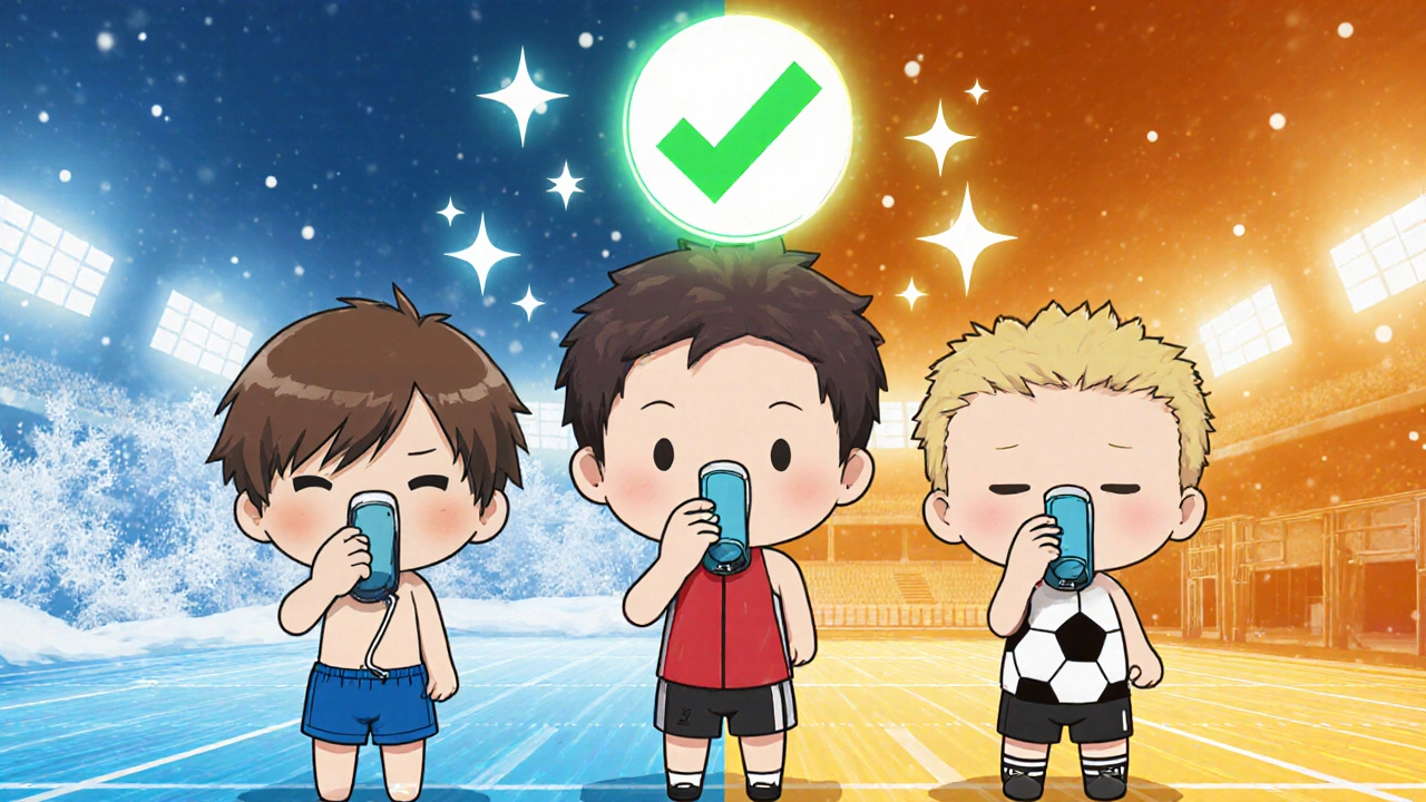 Three chibi athletes using inhalers with spacers, warm indoor vs cold outdoor backgrounds