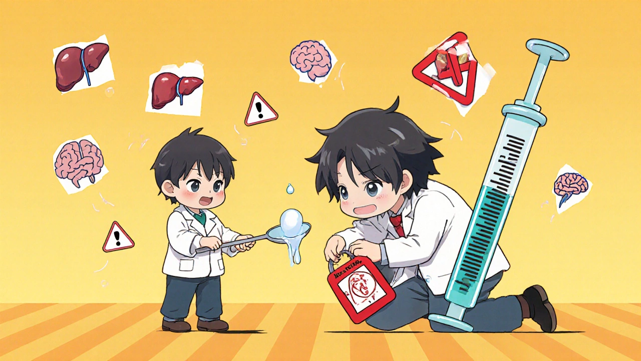 Tiny child with kitchen spoon next to giant measuring syringe, pharmacist offering correct dosing tool.