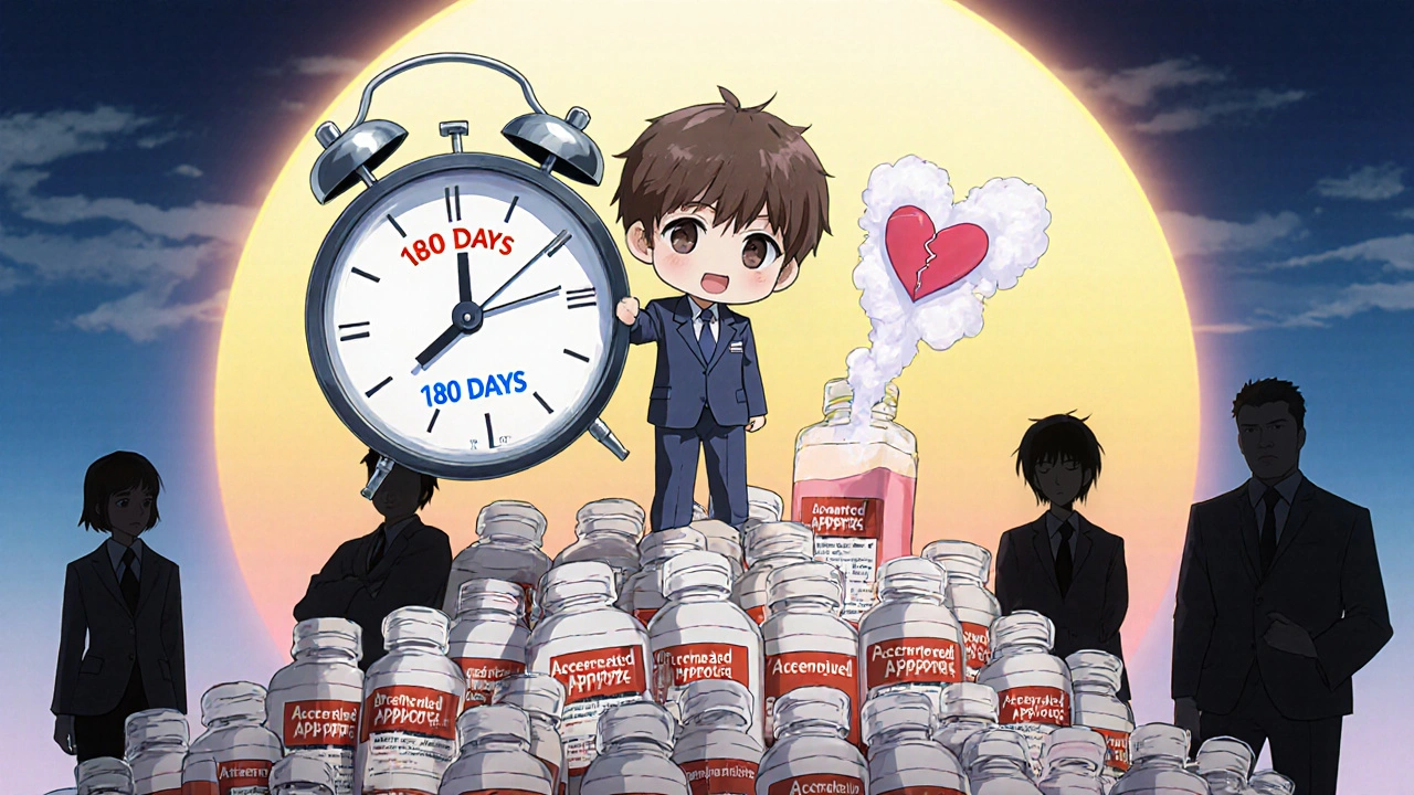Tiny FDA agent holding a ticking 180-day clock above crumbling pill bottles