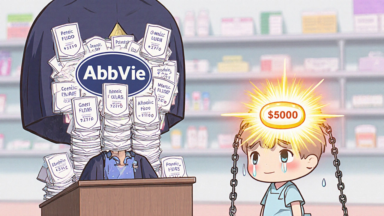 Tiny patient facing a judge made of patents, with a glowing generic pill breaking chains.