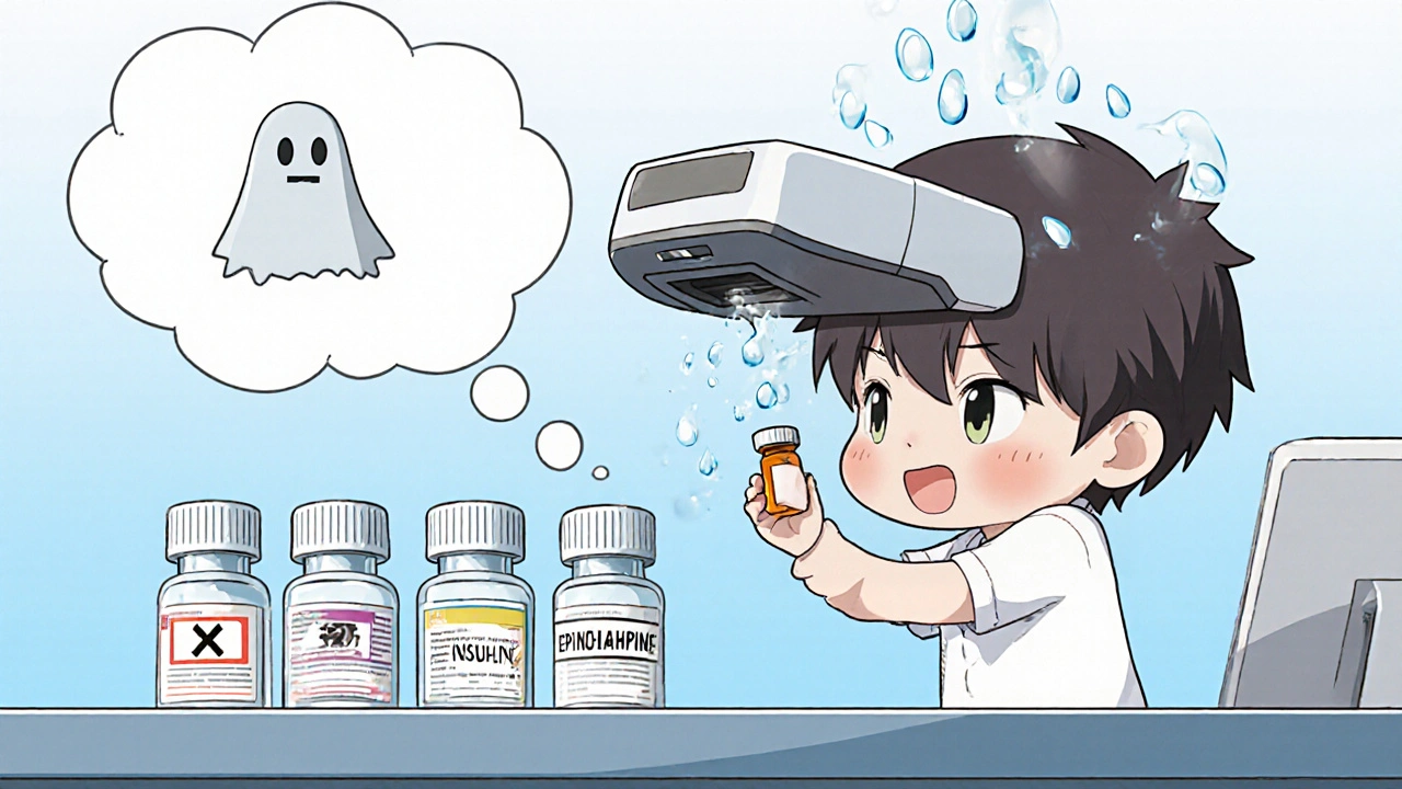 Tiny technician struggling to scan a small ampule, with mislabeled vial and worried thought bubble.