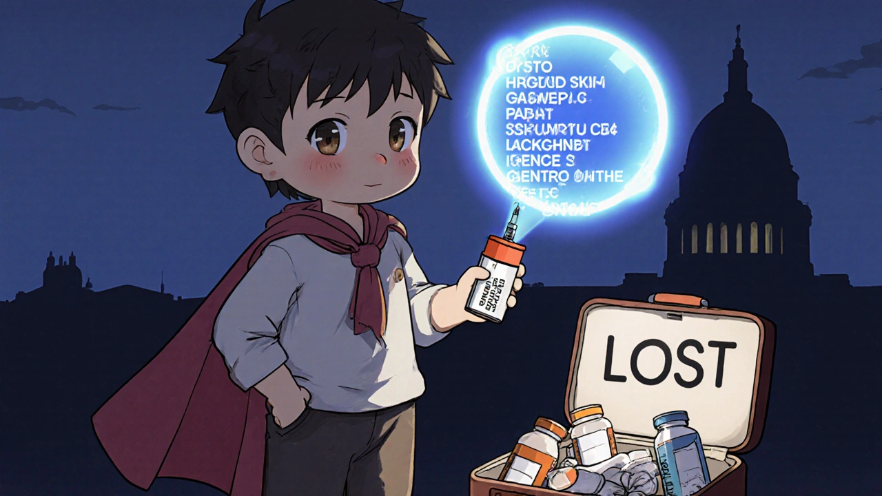 Traveler holding emergency epinephrine injector while lost meds lie broken in suitcase