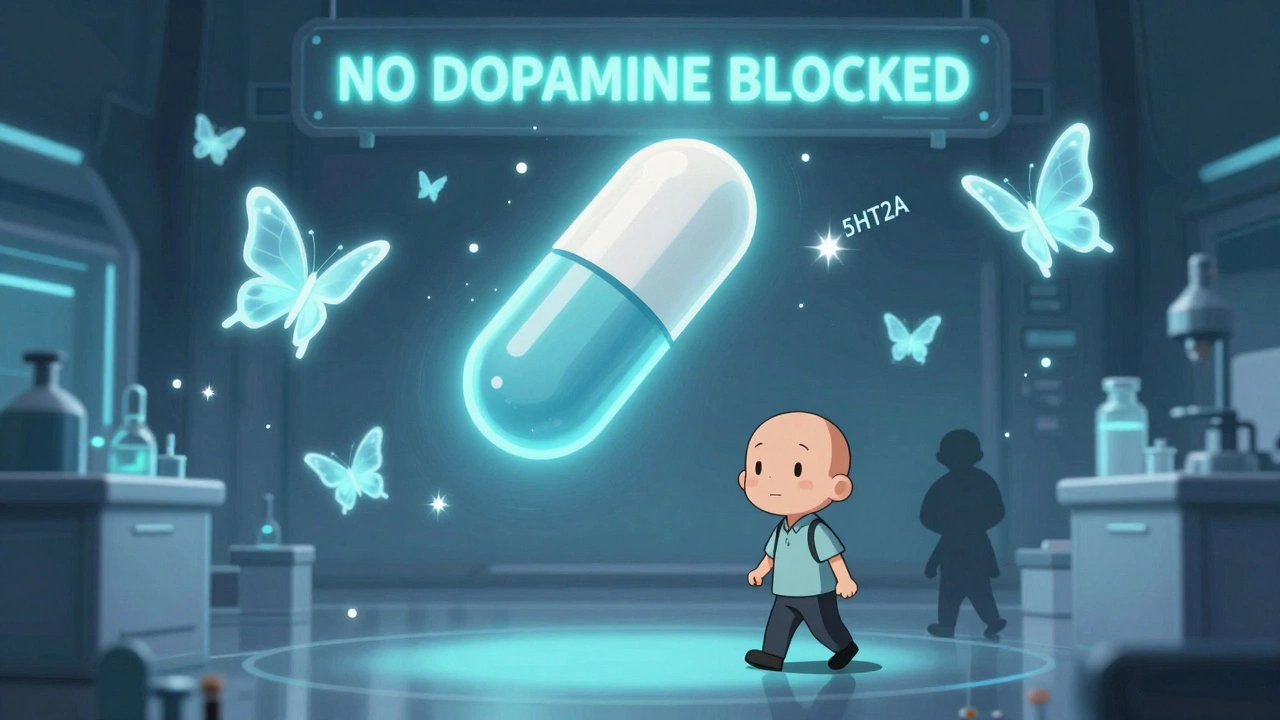 A glowing pimavanserin capsule floats with serotonin butterflies as a patient walks freely.