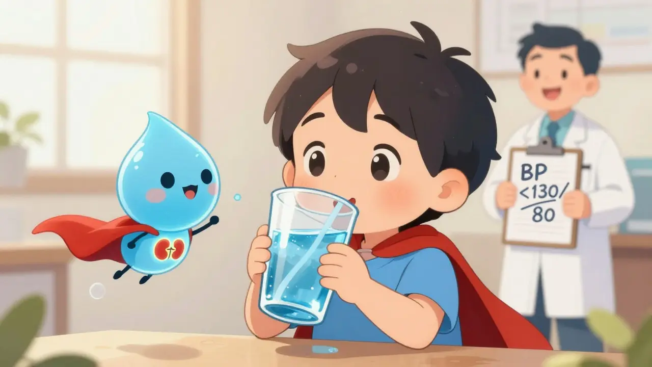 Chibi child drinking water with a superhero water droplet beside them, symbolizing kidney protection.