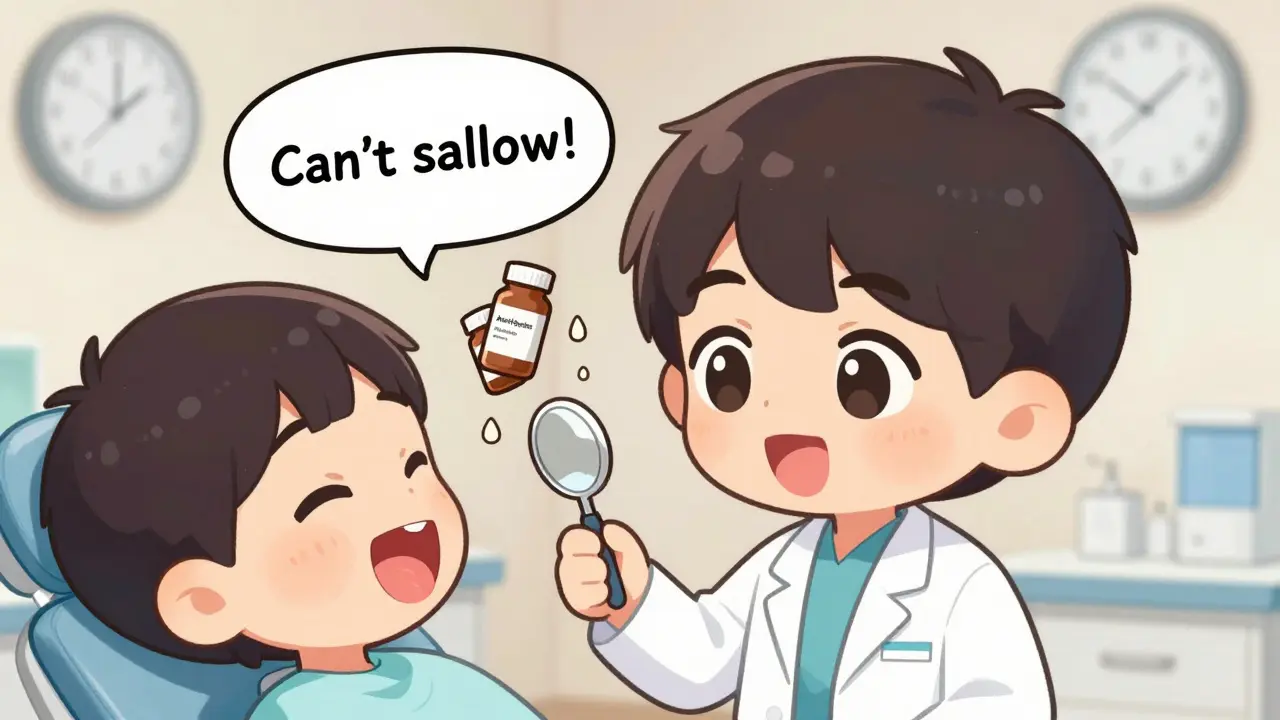 Chibi dentist examining patient with floating medication bottles dripping dry saliva.