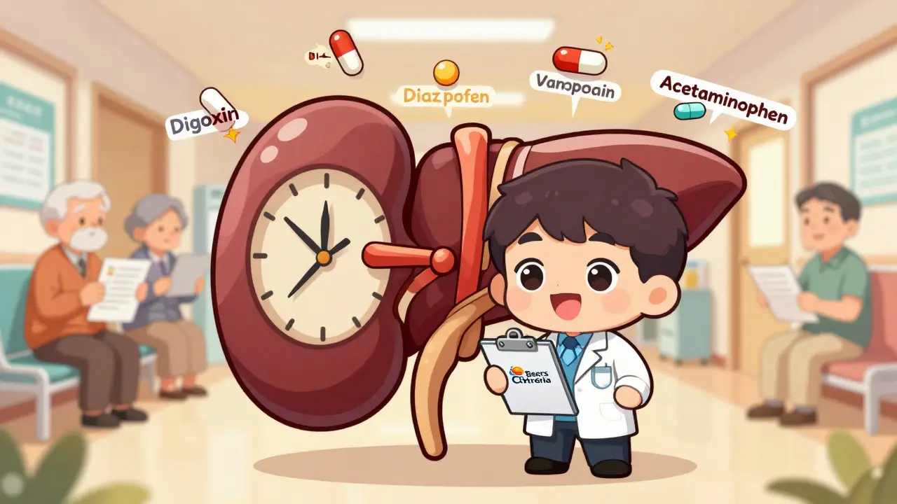 Chibi doctor beside clock-shaped liver and kidney, floating dangerous pills around them in warm lighting.
