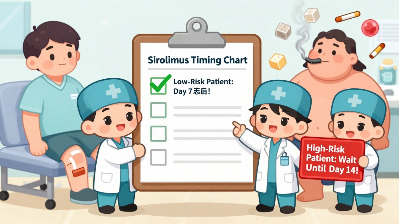 Chibi medical team comparing sirolimus start times for low-risk vs. high-risk patients.