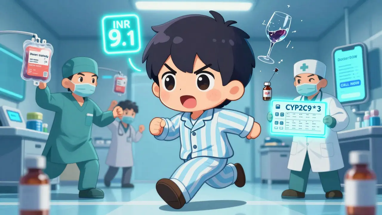 Chibi patient rushing to ER with INR 9.1 glowing above them, doctors rushing with plasma.