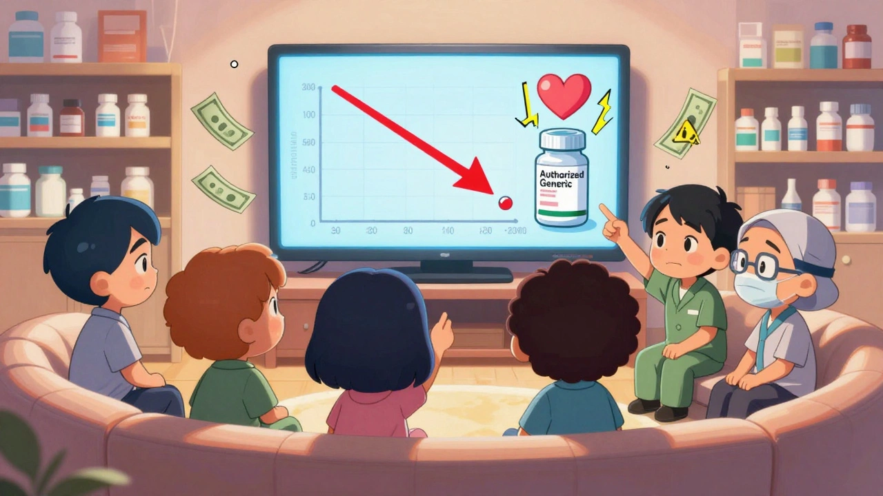 Chibi patients reacting to drug price graph, one excited about authorized generic