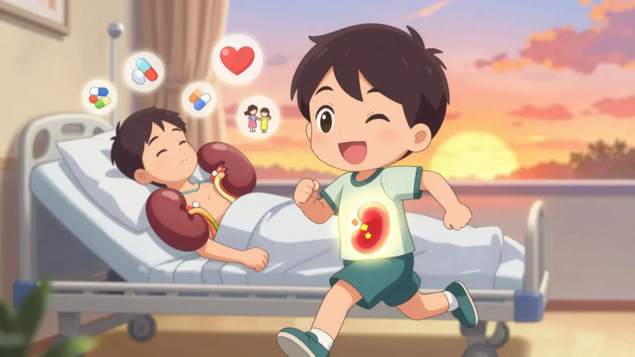 Chibi transplant patient running with a glowing healthy kidney inside, old cyst-filled kidney behind.
