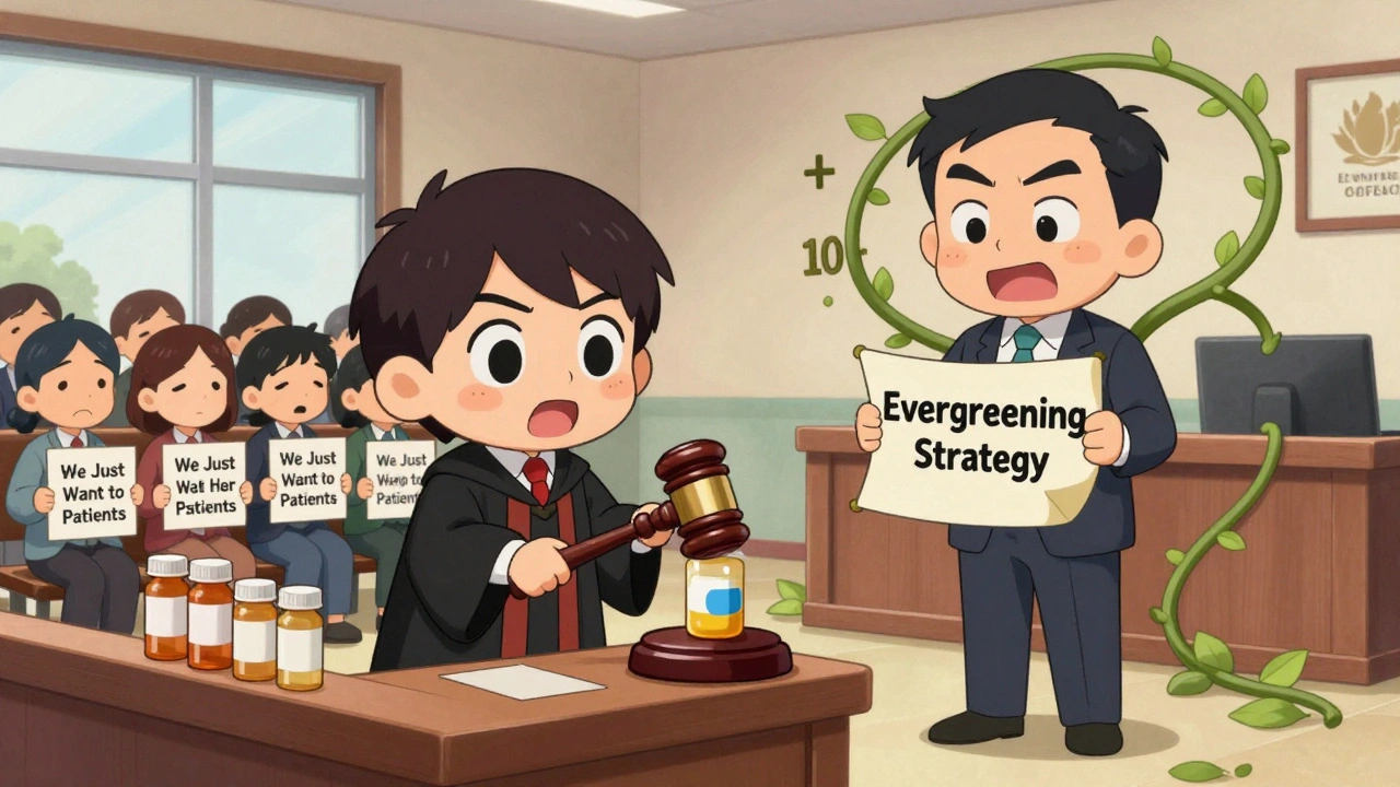 Courtroom battle between generic drug makers and brand company with patent vines