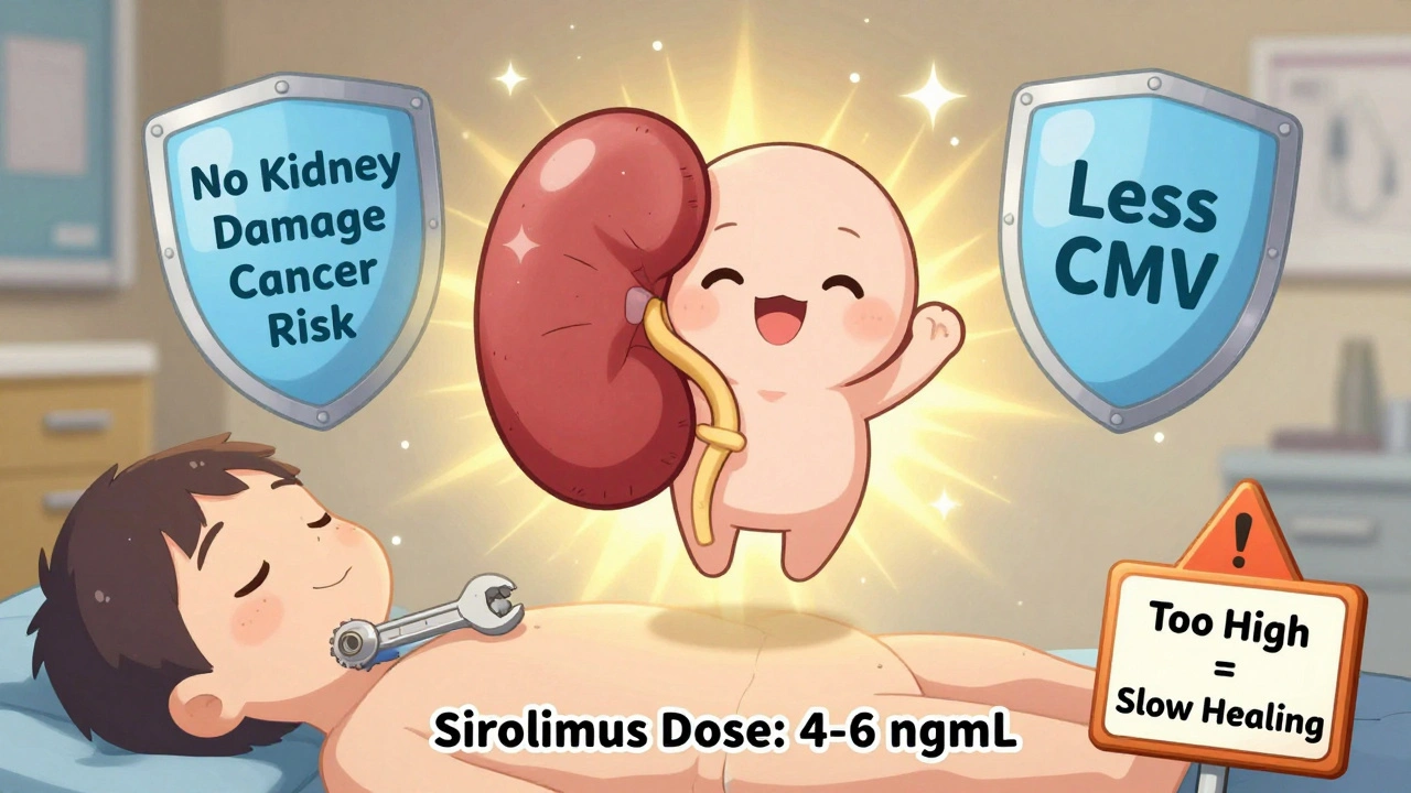 Cute kidney with protective shields, surrounded by dose warning signs and healing symbols.
