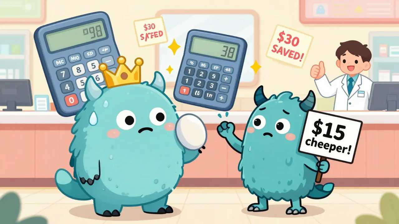 Cute pill monsters in a price battle, with separate generics winning over a combo pill by saving .