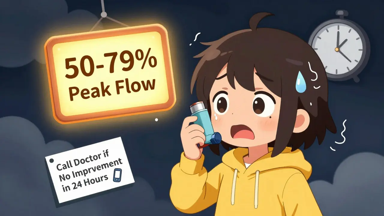 Cute teen in distress with warning signs and inhaler, symbolizing asthma yellow zone.