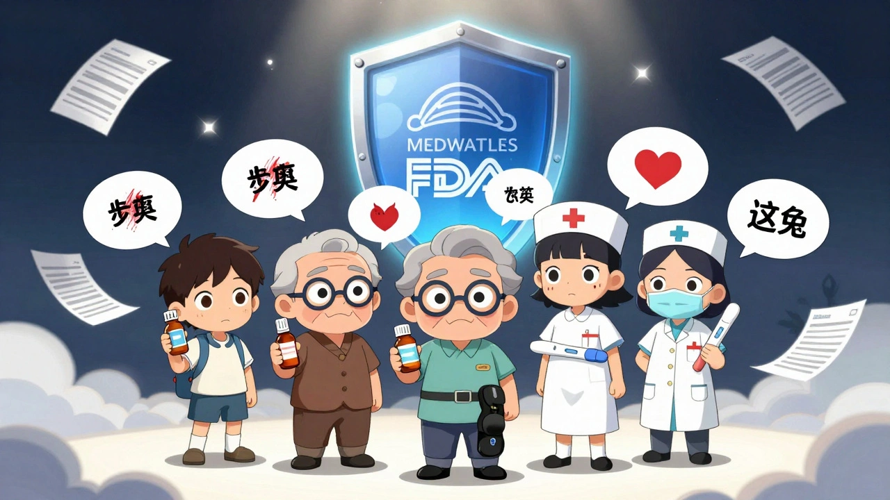 Diverse chibi characters united under the MedWatch shield reporting side effects