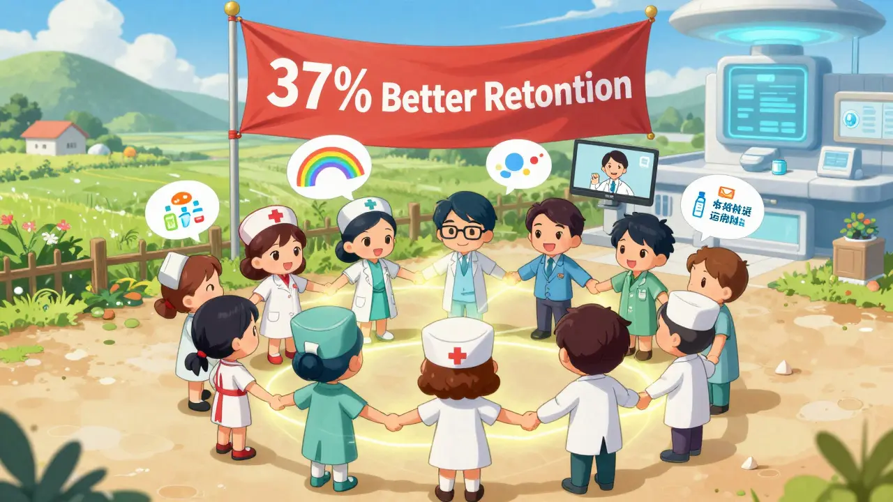 Diverse healthcare team connected by glowing communication bubbles promoting equity.