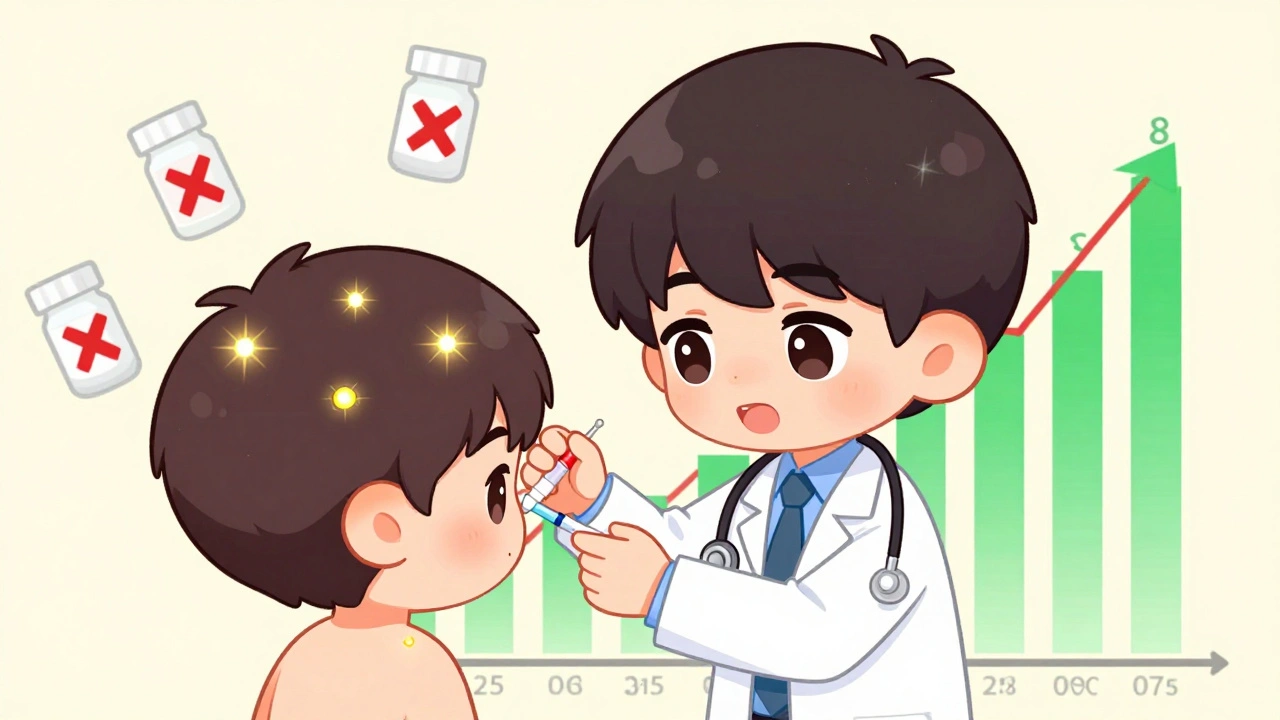 Doctor giving tiny Botox injections to a chibi patient, with headache days dropping on a graph.